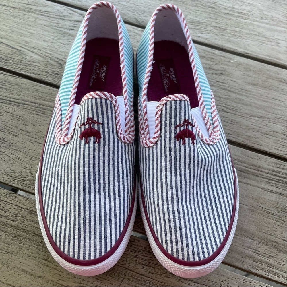 Brooks Brothers + Sperry Striped Slip-On Shoes with Logo Mens 8 Womens 9.5